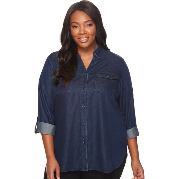 NYDJ Dark Blue Denim Button Down Shirt Chambray Western Casual Top Size Large - Picture 3 of 7